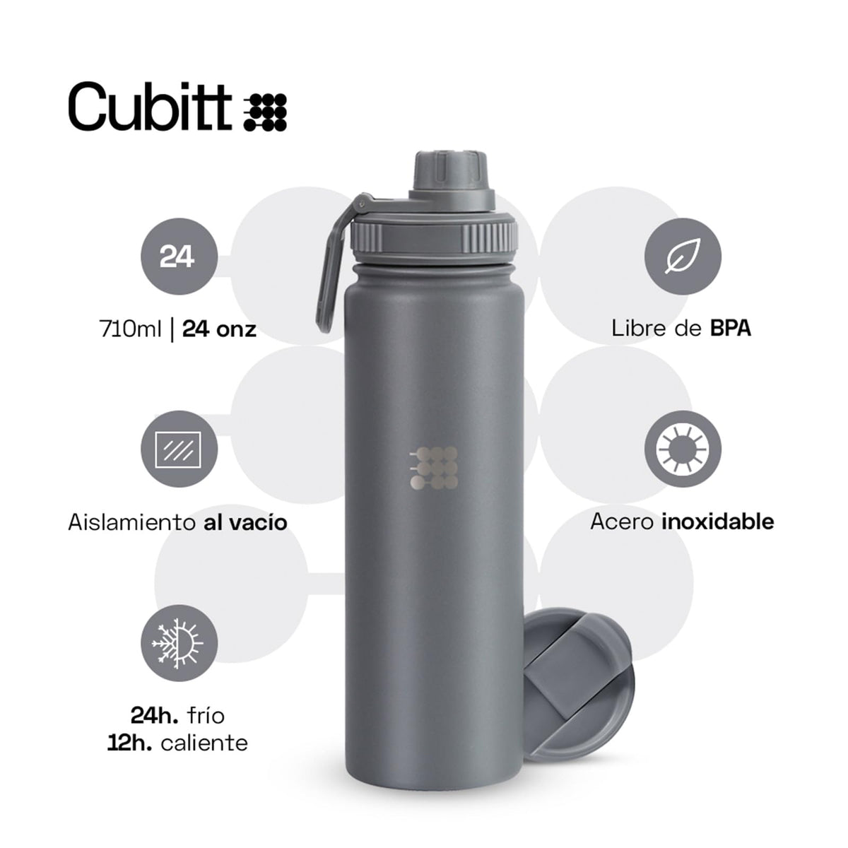 CUBITT, Termo Dos Tapas 710 ml, Botella de Agua 24 oz para Deportes, Con Tapa para Café y Tapa Deportiva de Boca Ancha, Termo de Acero Inoxidable, Guarda Frío 24 Horas y Calor 12 Horas, Gris