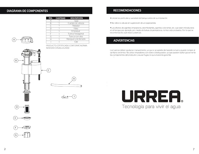 Urrea 06P Válvula para Tanque de WC de Admisión Pilot, Cuerpo POM