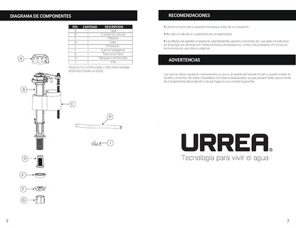 Urrea 06P Válvula para Tanque de WC de Admisión Pilot, Cuerpo POM