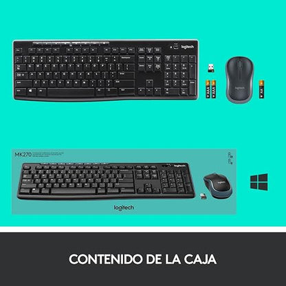 Logitech MK270 Combo Teclado Inalámbrico en Español y Mouse, para Windows, 2,4 GHz Inalámbrico, Mouse Compacto, 8 Botones de Acceso Multimedia, Batería de 2 Años, para PC, Laptop - Negro