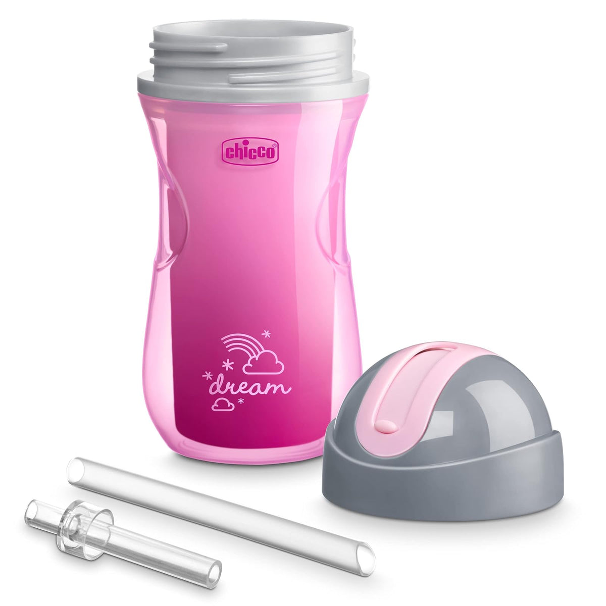 Chicco - Taza para beber con aislamiento de doble pared con popote de silicona y tapa sin derrames, apto para lavaplatos, fácil de sostener, ergonómica, color rosa y morado, 2 unidades más de 12 meses