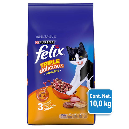 Purina - Cat Chow Comida para Gato, Adulto, Deli Mix, 15.0 kg + Felix Croquetas para Gato, Triple Delicious Granja, 10kg