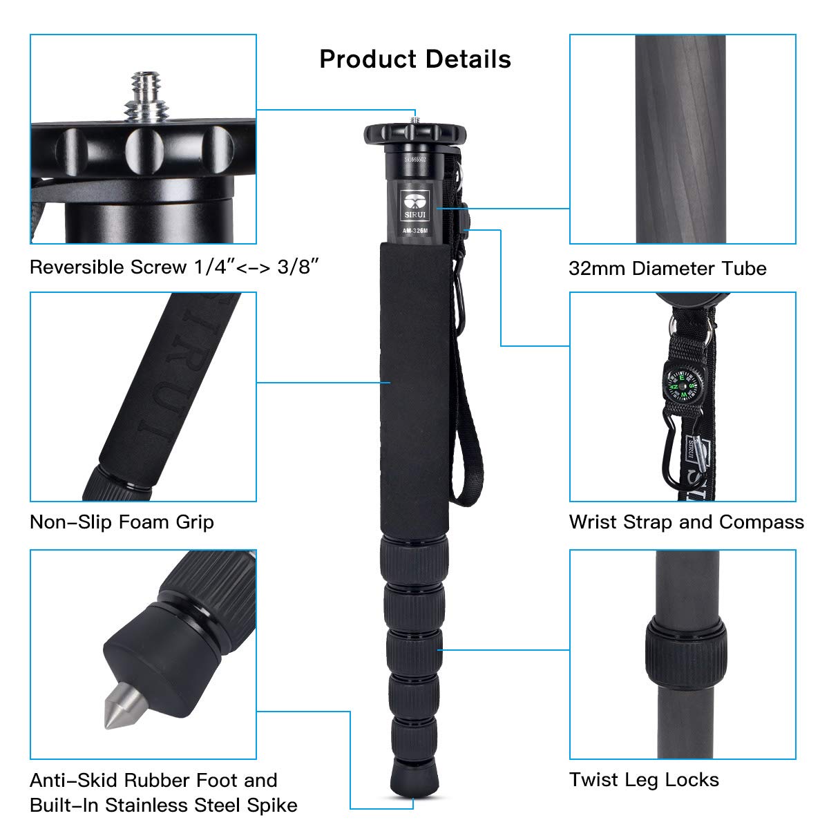 Sirui 61.4" Monopié Fotográfico de Cámara, Monopié de Video de Fibra de Carbono, Carga Máxima de 10kg para Cámaras, DSLR, Videocámara - AM-326M