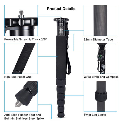 Sirui 61.4" Monopié Fotográfico de Cámara, Monopié de Video de Fibra de Carbono, Carga Máxima de 10kg para Cámaras, DSLR, Videocámara - AM-326M