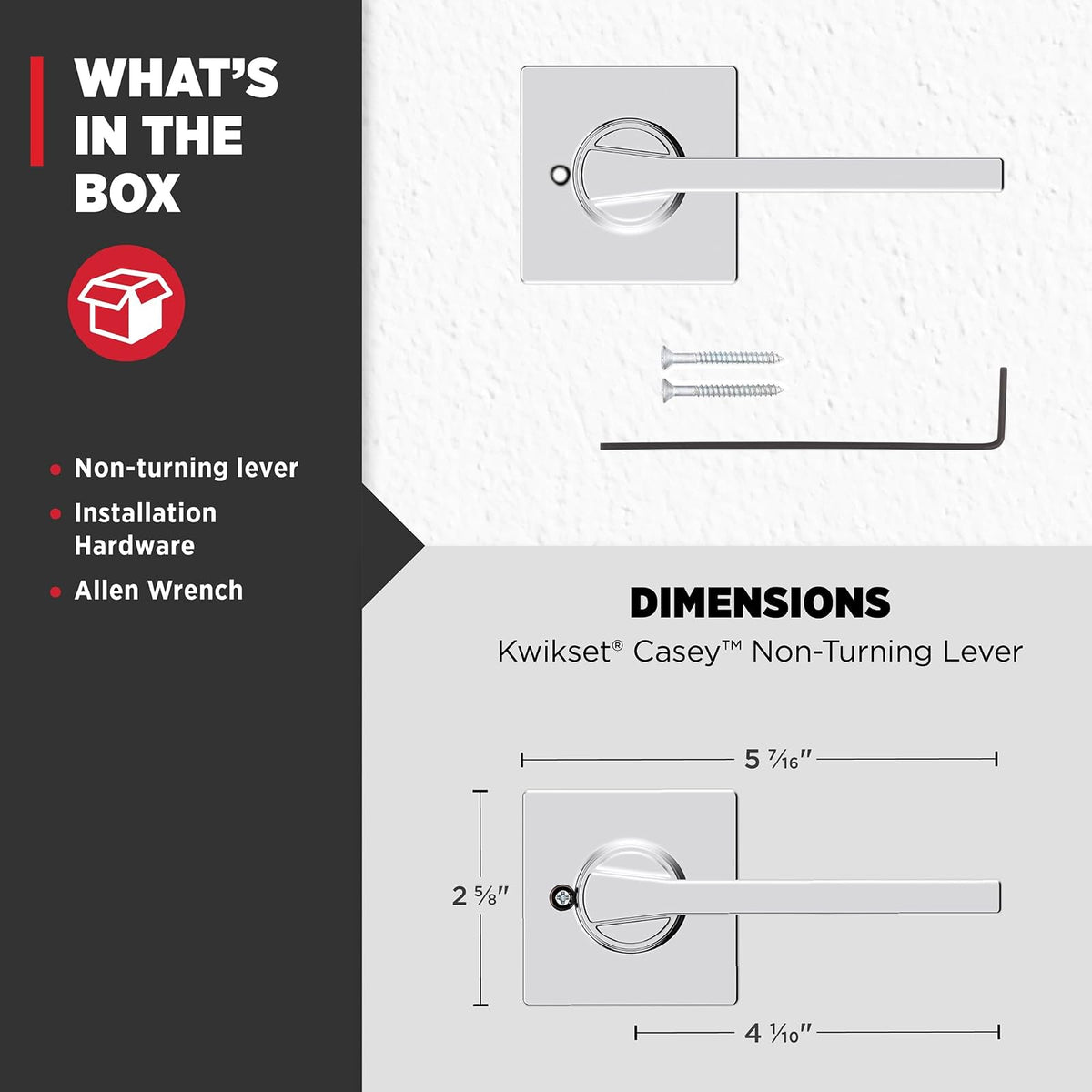 Kwikset Casey - Manija de puerta para manijas, palanca de una sola cara para armarios, puertas dobles francesas y despensa, cromo pulido que no gira la palanca interior reversible