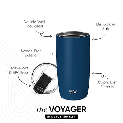 Simple Modern Taza de Café para Viajes con Tapa Abatible | Taza de Café Helado de Acero Inoxidable Aislada | Regalos para Mujeres & Hombres | Voyager Colección | 470ml | Slumberland