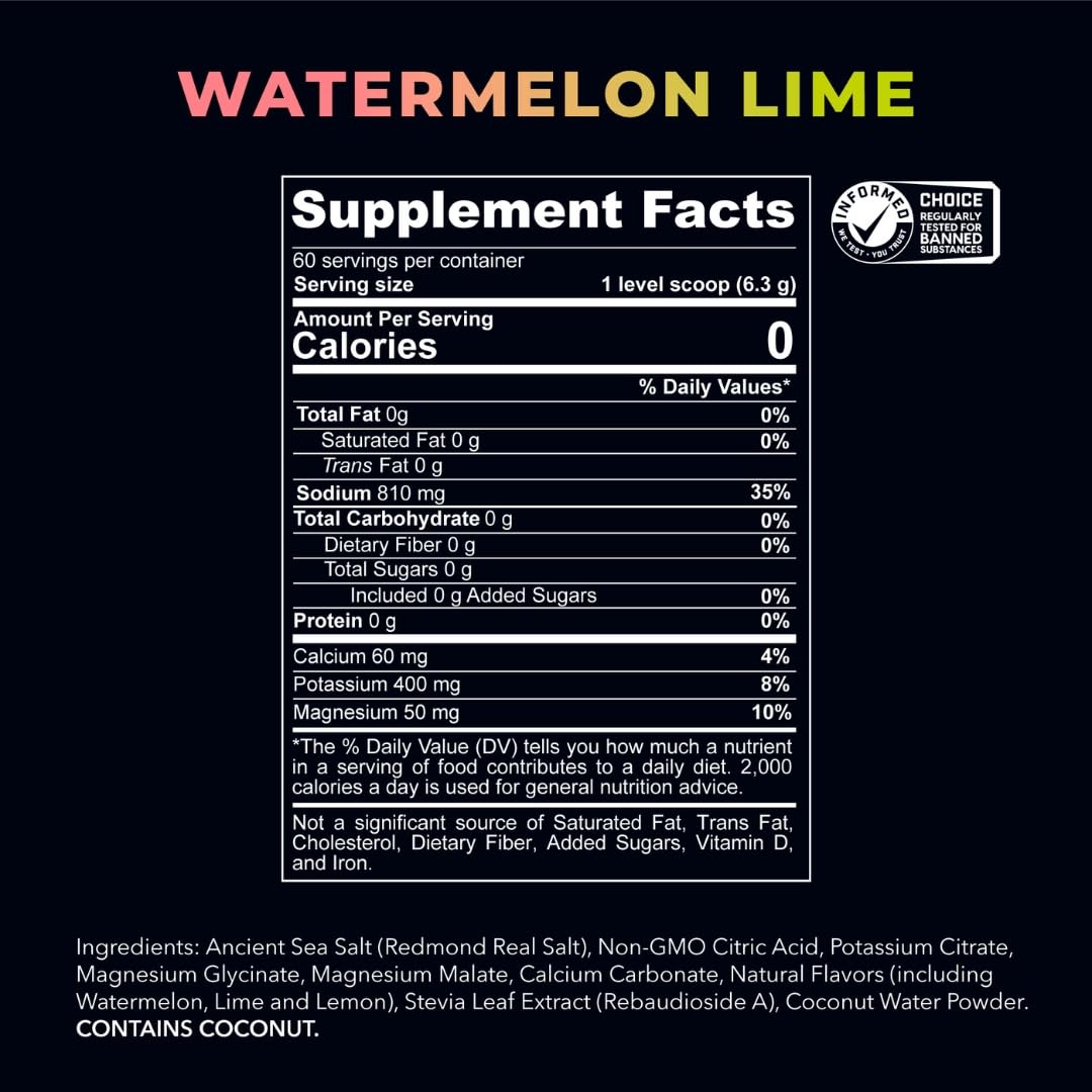 REDMOND RE-LYTE, Electrolitos Naturales con Real-Salt, Hidratación Clean sin Calorías ni Azúcares, 60 Porciones, Sabor Watermelon Lime