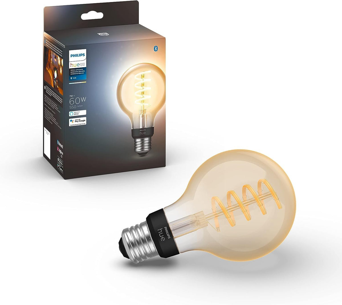 Philips Hue Foco Filamento Inteligente A19, Bluetooth - Tradicional - Transparente - 1 Unidad (Paquete de 1)