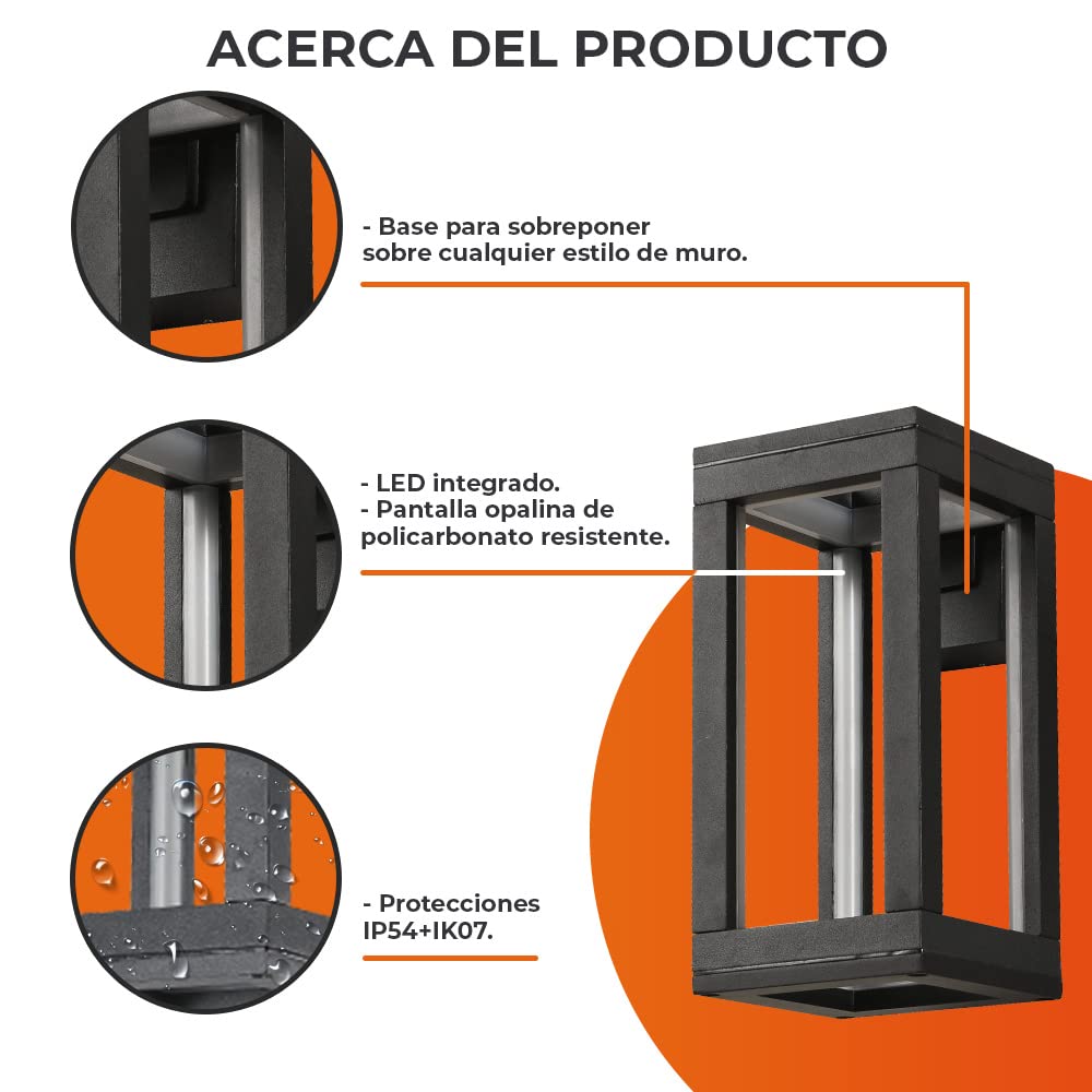 Tecnolite - Lámpara de Pared Arbotante LED Exterior 12 W, Luz Cálida Brillante, IP54, IK07, No atenuable, LED integrado