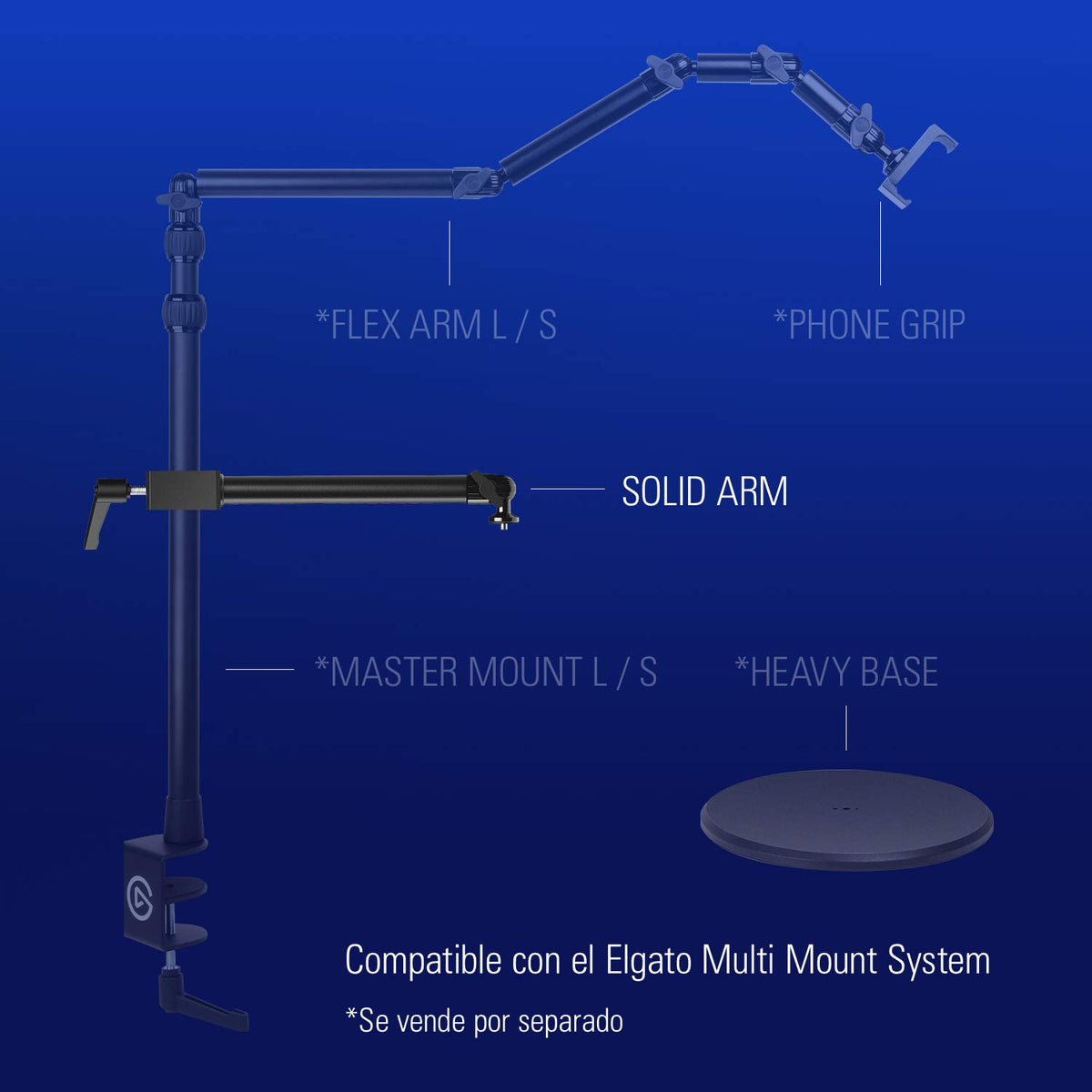 Elgato Solid Arm - Brazo de Soporte con Abrazadera con Goma, para Montar y Ajustar fácilmente Luces, cámara y micrófonos, para Streaming, videoconferencia y Estudios