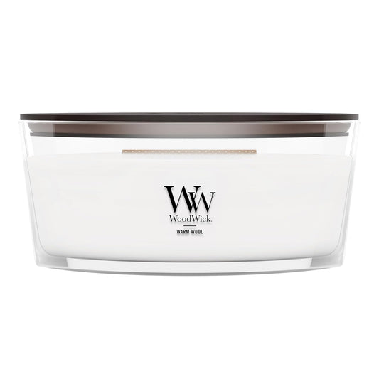 Woodwick - Vela perfumada con elipse de lana cálida, 16 onzas, hasta 50 horas de combustión y caída con mecha crujiente para una mezcla suave de cera de soja
