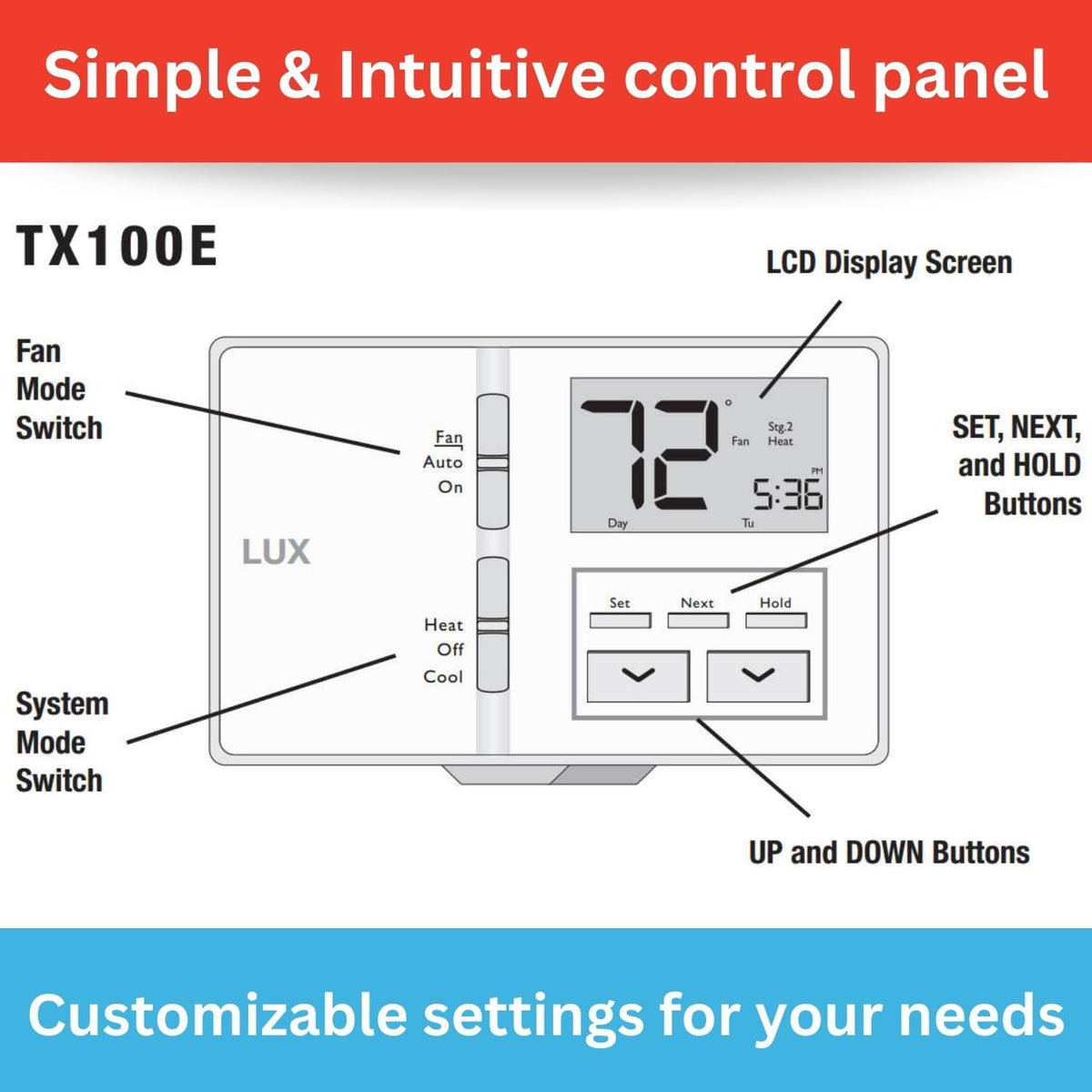 Lux LTX100E Termostato programable de 7 días; 1 Calor, 1 frío