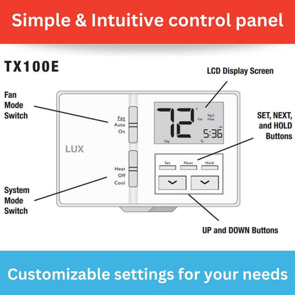 Lux LTX100E Termostato programable de 7 días; 1 Calor, 1 frío