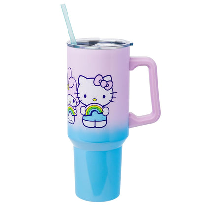 Silver Buffalo Vaso Térmico de Acero Inoxidable con Mango y Popote 40 oz - 40 Ounces - Hello Kitty and Friends Holding Rainbow