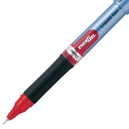 Pentel EnerGel Bolígrafo de Gel Líquido, Punta de Aguja, 0.5 mm, Cuerpo Azul Claro, Tinta Roja, Caja con 12 Piezas, BLN15-B