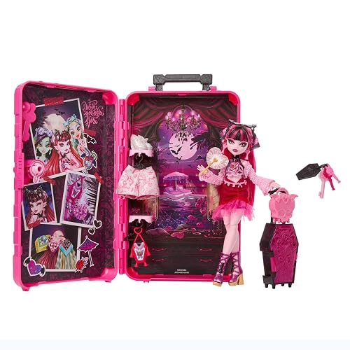 Monster High Skulltimate Secrets Gore-geus Oasis Draculaura, Muñeca Articulada con 19 Accesorios de Viaje y Llaves Secretas, para Niñas de 4 Años en Adelante