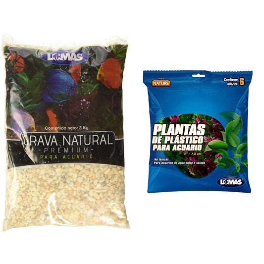 Lomas Grava P/Acuario - Grano Grueso 3 kg + Plantas para Acuario 3" (7.5 cm), 6 Piezas