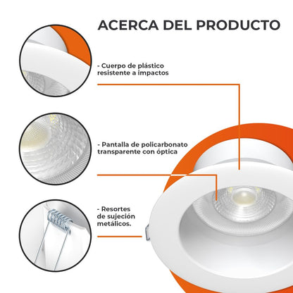 Tecnolite - Lámpara Empotrable de Techo Downlight LED 10 W, Luz Cálida Brillante, No atenuable, Multivoltaje