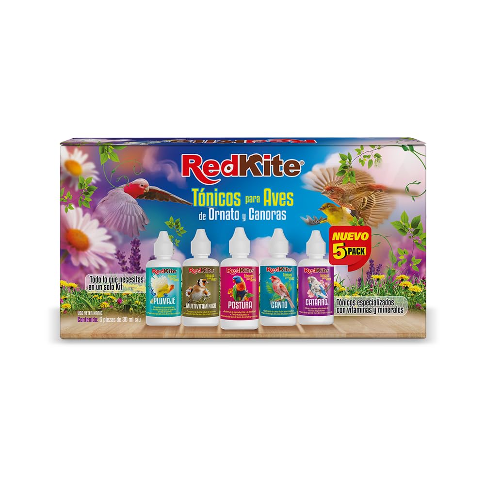 Redkite Tónicos 5 Pack Surtido Canto, Plumaje, Postura, Catarro y Multivitamínico para Aves