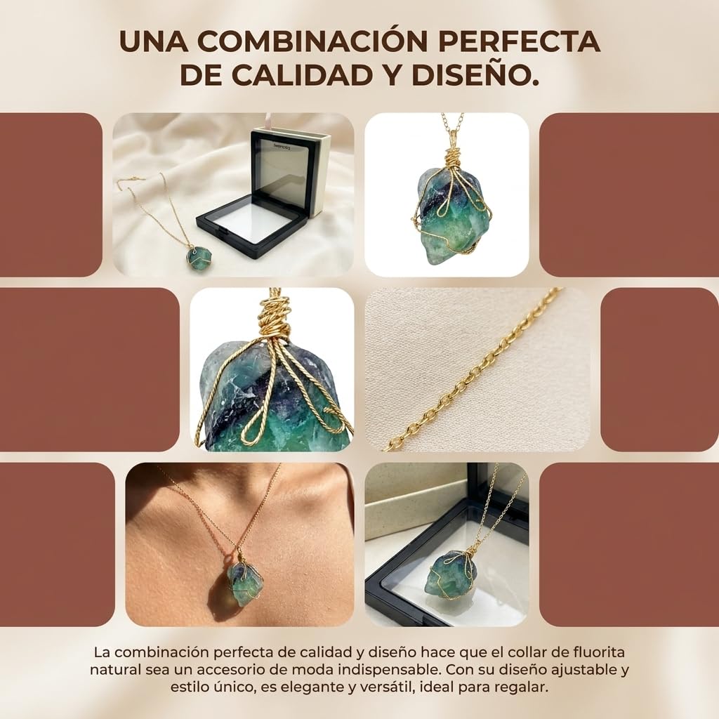 XYPHIELLE Collar de Cristal Fluorita Natural para Mujer, Dije de Piedra Verde Sanadora en Alambre, Joyería Boho de Moda, Regalo de Claridad y Enfoque
