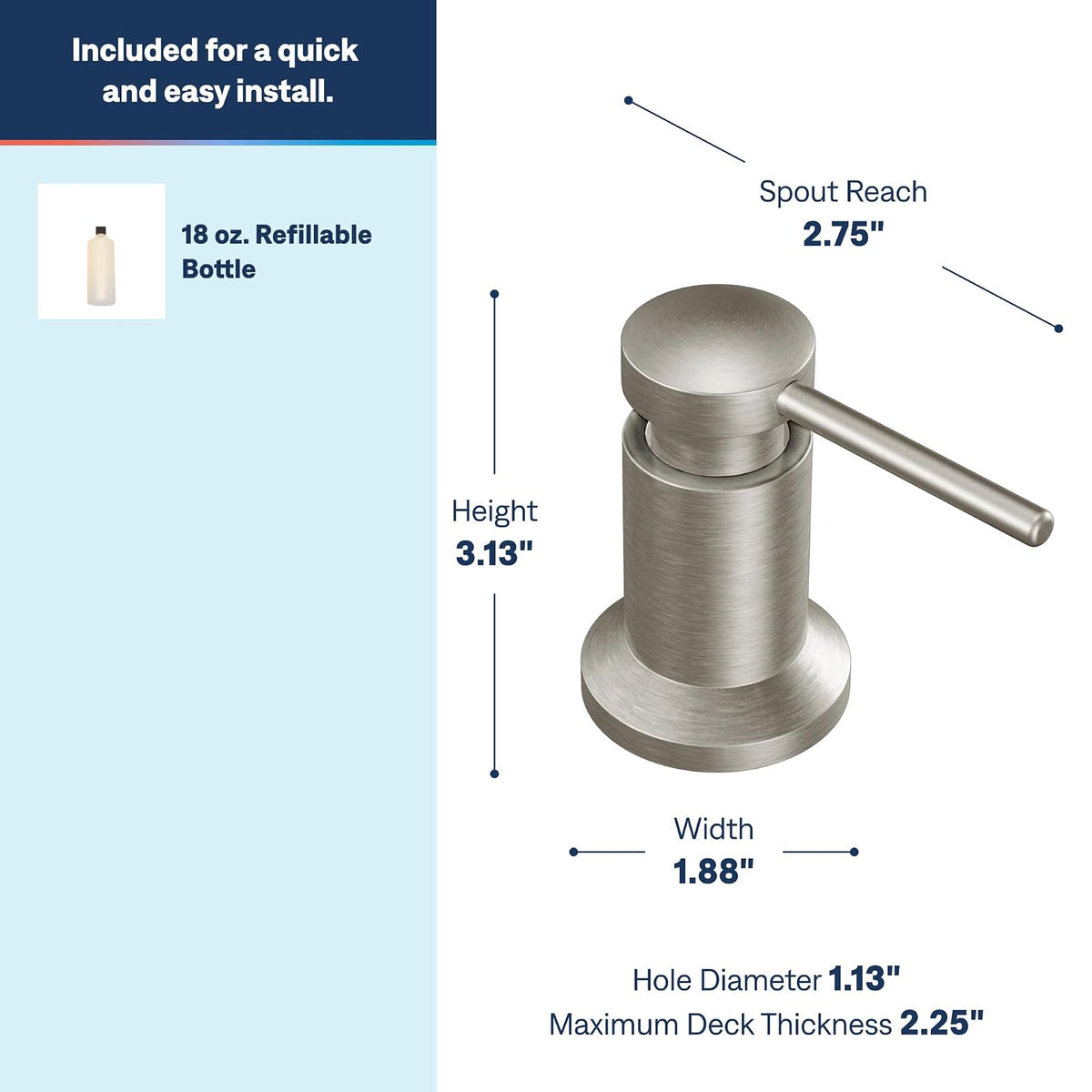 Moen Spot Resist - Dispensador de jabón o loción de cocina de acero inoxidable con botella recargable sobre el fregadero, 3942SRS