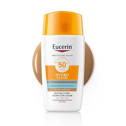 Eucerin Sun Face Hydro-Fluid FPS 50 + Tono Medio 50ml Protector Solar Facial con Color, textura ligera, suave y refrescante. Rápida absorción sin sensación grasosa o pegajosa