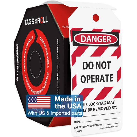 Accuform Signs etiquetas de bloqueo por rollo, leyenda "DANGER DO NOT OPERATE EQUIPMENT LOCKED OUT BY", 6.25 pulgadas de largo x 3 pulgadas de ancho x 0.10 pulgadas de grosor, PF-Cardstock, rojo/negro sobre blanco, rojo/negro en blanco, 250/RL