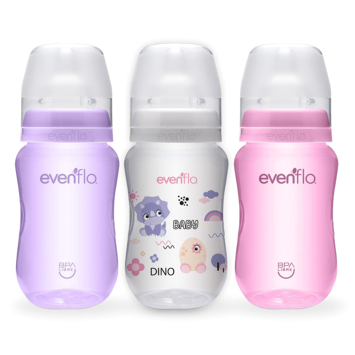 Evenflo Biberón Anticólicos de Dinosaurio para Niña, Cuello Ancho, 270ml/9oz, Rosa, Morado y Transparente, Flujo Medio, con Ventilación, 3 Piezas, para Bebés de 3 Meses en Adelante