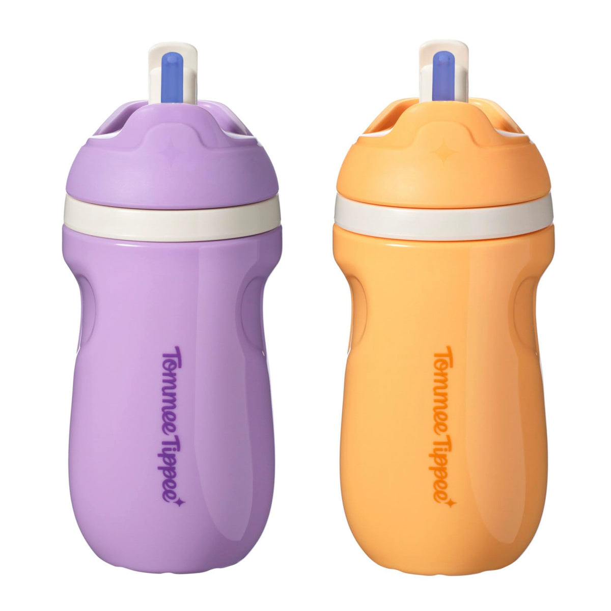 Tommee Tippee Vaso con Popote Sporty, 1-3 Años, Antiderrames, 266ml | Paquete de 2, Térmico, Asa Deportiva, Boquilla Resistente a Mordidas, Tapa Mantiene el Popote Limpio, Morado y Naranja
