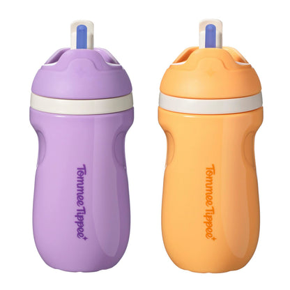 Tommee Tippee Vaso con Popote Sporty, 1-3 Años, Antiderrames, 266ml | Paquete de 2, Térmico, Asa Deportiva, Boquilla Resistente a Mordidas, Tapa Mantiene el Popote Limpio, Morado y Naranja