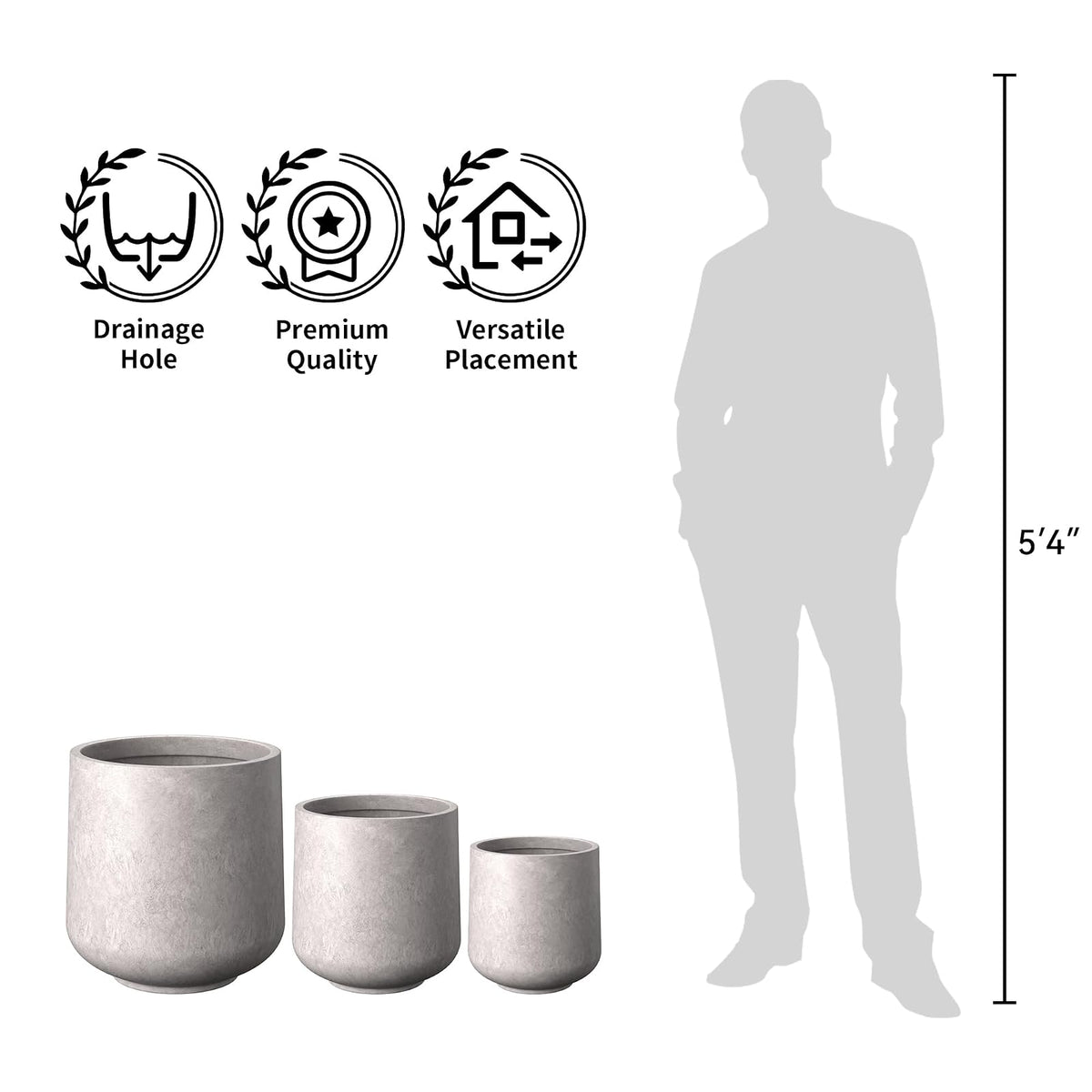 Kante - Macetero Redondo de hormigón de 15.3 Pulgadas de diámetro, para Interiores y Exteriores, con Orificio de Drenaje y tapón de Goma para el hogar, jardín, Patio, Gris Claro