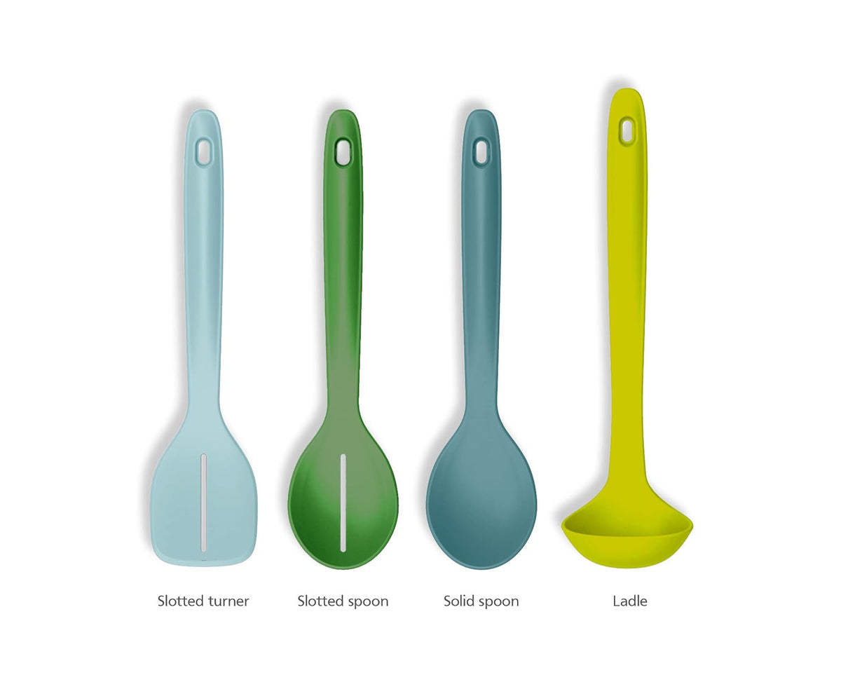 Joseph Joseph Duo Juego de utensilios de 4 piezas resistente al calor con cucharón, cucharas sólidas y ranuradas y volteador; clip de asas para almacenamiento organizado, ópalo