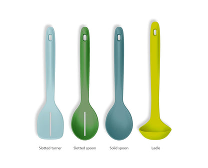 Joseph Joseph Duo Juego de utensilios de 4 piezas resistente al calor con cucharón, cucharas sólidas y ranuradas y volteador; clip de asas para almacenamiento organizado, ópalo