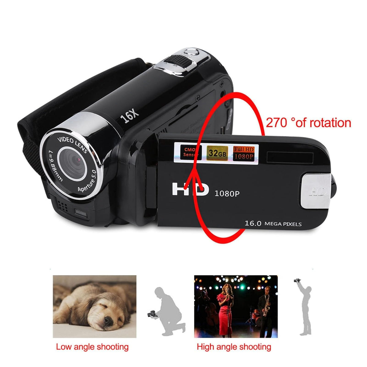 Zopsc Cámara portátil 1080P DV Alta definición Full HD 270 ° Rotación 16X Videocámaras Digitales para videocámaras, para Picnic al Aire Libre, Camping, etc.(Negro, Enchufe de US)