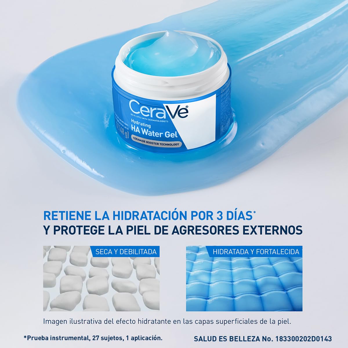 Water Gel Hidratante Ácido Hialurónico de CeraVe para una hidratación con efecto PLUMP, con 3 ceramidas idénticas a las de la piel, ácido hialurónico, niacinamida y cobre PCA, 48g