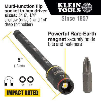 Klein Tools 32768 Klein Tools 32768 driver de impacto, enchufe de impacto SAE 3 en 1 y soporte de brocas, enchufe abatible con destornillador de tuerca de 1/4 y destornillador de tuerca de 5/16,