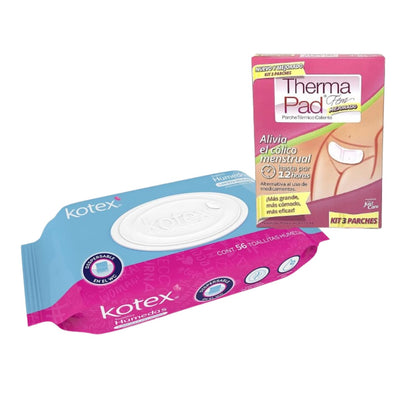 Kotex Toallitas Húmedas para Higiéne Íntima, 1 paquete con 56 piezas + Therma Pad Fem 3 Parches Termico, 3 parches