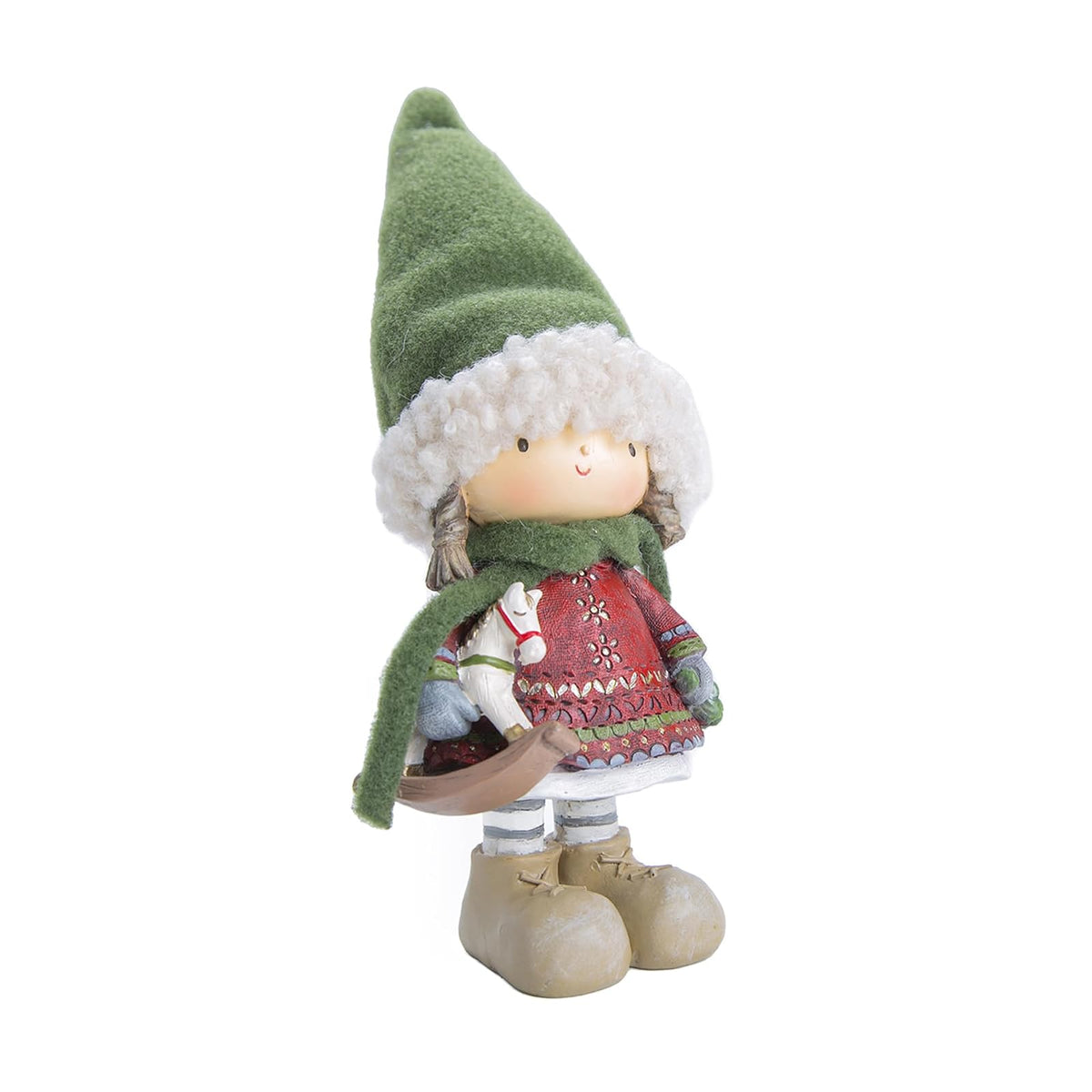 Running Adornos Navideños | Figura de Niño con Gorro Verde y Caballo | Decoración de Navidad | Hecho de Poliresina | Tamaño 25 cm