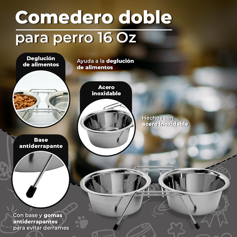 Fancy Pets Comedero Doble para Perros 16 oz (568 ml) Acero Inoxidable con Base Antideslizante