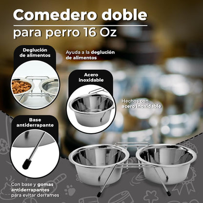 Fancy Pets Comedero Doble para Perros 16 oz (568 ml) Acero Inoxidable con Base Antideslizante