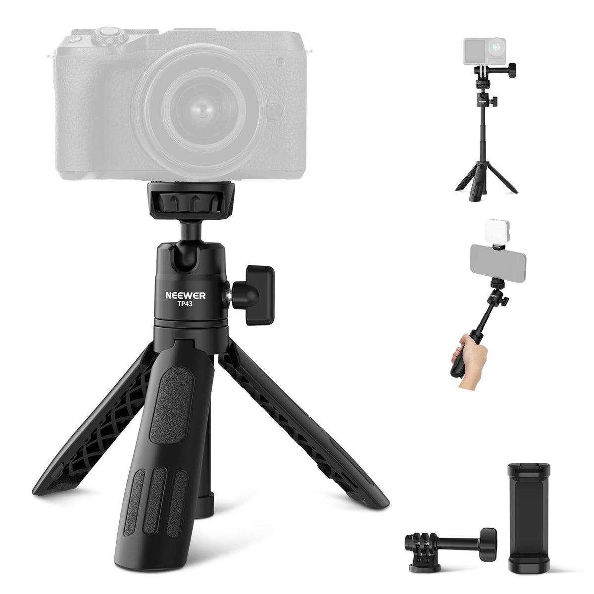 NEEWER Mini Trípode Escritorio Selfie Stick Compatible con iPhone GoPro Insta360 dji con 360° Cabezal Bola Eje Central Elevado, Metal Portátil Pequeña Cámara Webcam Celular Vlog Soporte, TP43 Negro