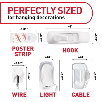 Command - Kit de colgar y decorar, 6 ganchos pequeños, 2 ganchos medianos de utilidad, 4 clips de cable mediano, 10 clips de luz y 20 tiras de póster, esenciales para habitación de recámara