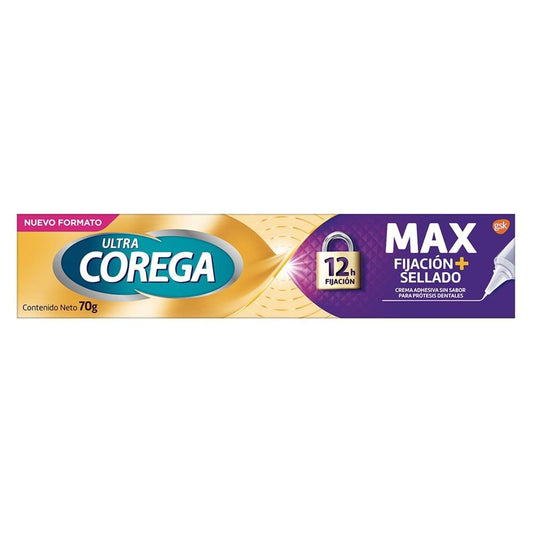 Corega Ultra Max Fijación y Sellado Crema Adhesiva para Prótesis Dentales, Sin Sabor, 70g