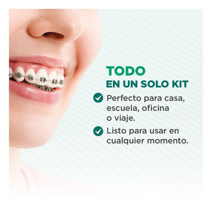 GUM - Kit de Cuidado Bucal para Ortodoncia con Cepillo Especializado en Forma de V, Cera Protectora, Cepillos Interdentales y Palillos Soft Picks con Sabor a Menta - Modelos y Colores Surtidos