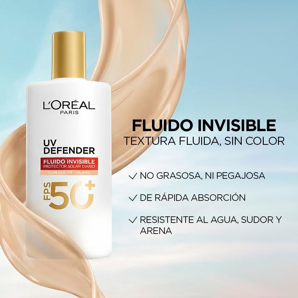 L'Oréal Paris Protector solar facial FPS50+ UV Defender Fluido Invisible Tono Claro, 40ml - Protección solar facial ultra ligero, -50% manchas y -30% arrugas debidas al sol, con Ácido Hialurónico
