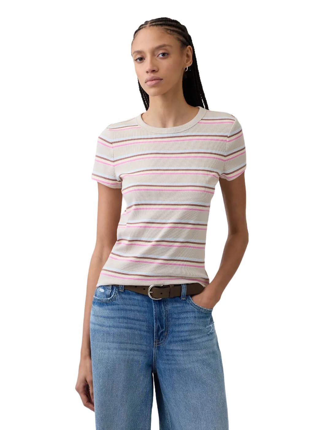 GAP - Playera de Punto Acanalada de Manga Corta para Mujer