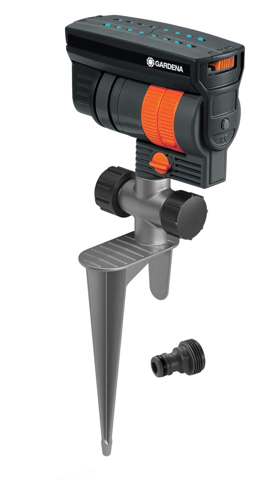 GARDENA 20575 | Hasta 2300 pies cuadrados - ZoomMaxx Aspersor oscilante ajustable en el escalón de metal para riego de césped de gran área con roscas de manguera de EE. UU., patio y jardín. Gardena