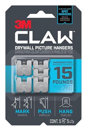3M CLAW Colgador De Fotos Para Paneles De Yeso 15 LB 5 Pack | Plateado, Sin Herramientas, Sin Medición, Incluye Marcador De Puntos Temporales