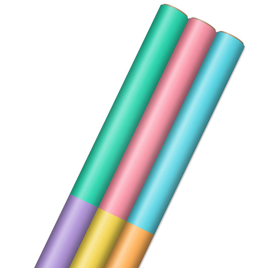Hallmark - Rollos de papel de regalo en colores pastel, color rosa, morado, azul, verde, amarillo, naranja (juego de 3 rollos: 75 sq. pies ttl.) Para cumpleaños, baby shower, Pascua, cualquier ocasión