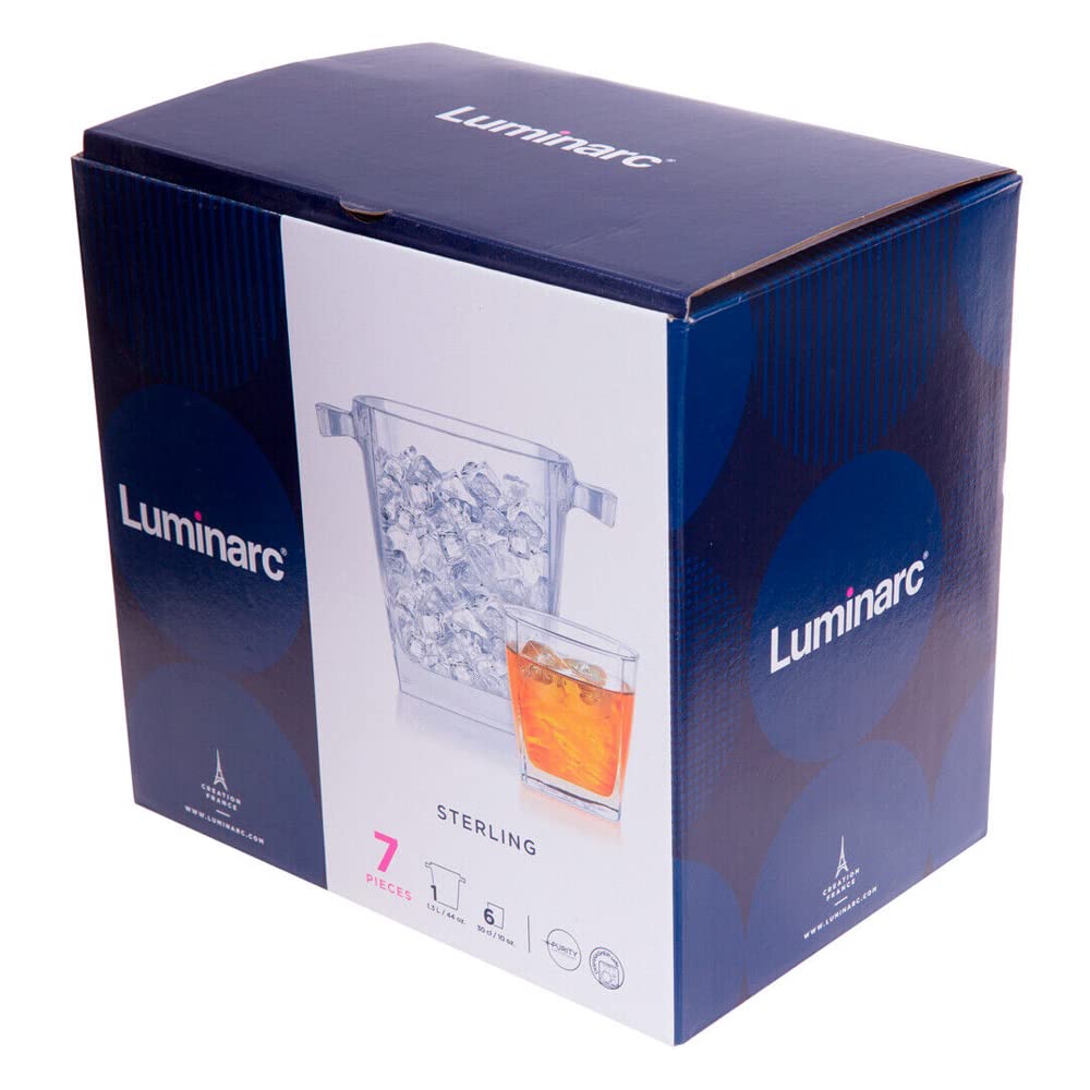 Luminarc 307-5978 Juego de Hielera con 6 Vasos Old Fashion de Vidrio Grueso Transparente, Modelo Stearling, Juego para Mesa de Noche o Bar en Casa, Capacidad 1.3 L y 295 ml con Caja de Regalo